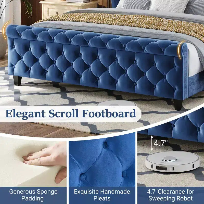 Whisen 43.3 King Sleigh Platform Bed Frame with Wingback Headboard, Scroll Footboard, Button Tufted Velvet, Rust-Resistant Hardware, Easy Assembly