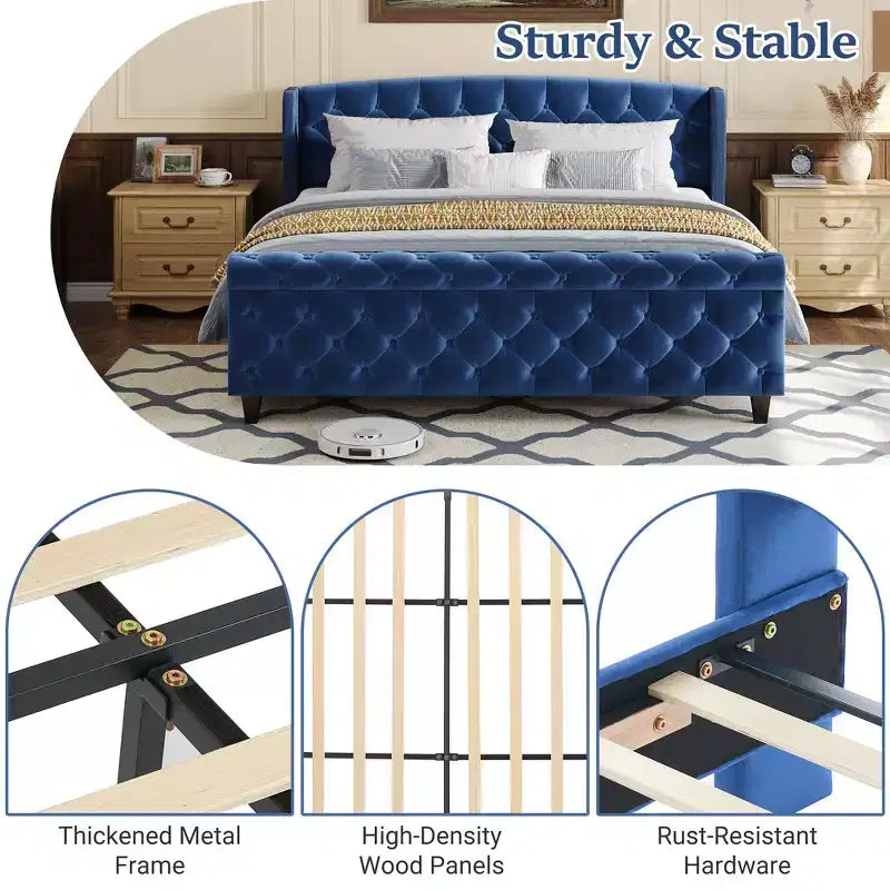 Whisen 43.3 King Sleigh Platform Bed Frame with Wingback Headboard, Scroll Footboard, Button Tufted Velvet, Rust-Resistant Hardware, Easy Assembly