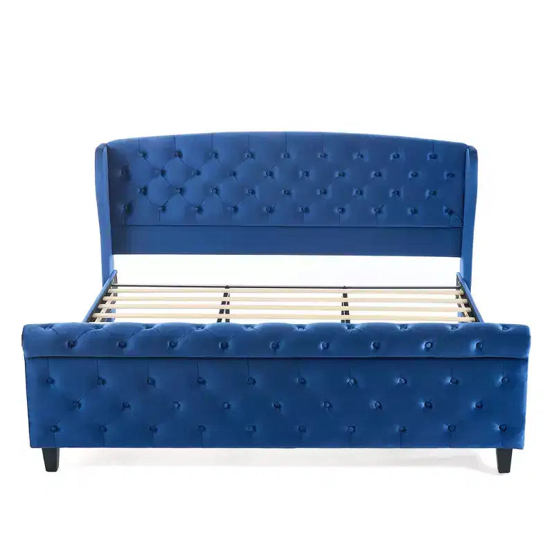 Whisen 43.3 King Sleigh Platform Bed Frame with Wingback Headboard, Scroll Footboard, Button Tufted Velvet, Rust-Resistant Hardware, Easy Assembly