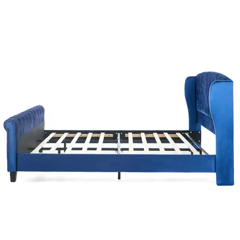 Whisen 43.3 King Sleigh Platform Bed Frame with Wingback Headboard, Scroll Footboard, Button Tufted Velvet, Rust-Resistant Hardware, Easy Assembly