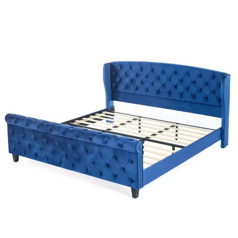 Whisen 43.3 King Sleigh Platform Bed Frame with Wingback Headboard, Scroll Footboard, Button Tufted Velvet, Rust-Resistant Hardware, Easy Assembly