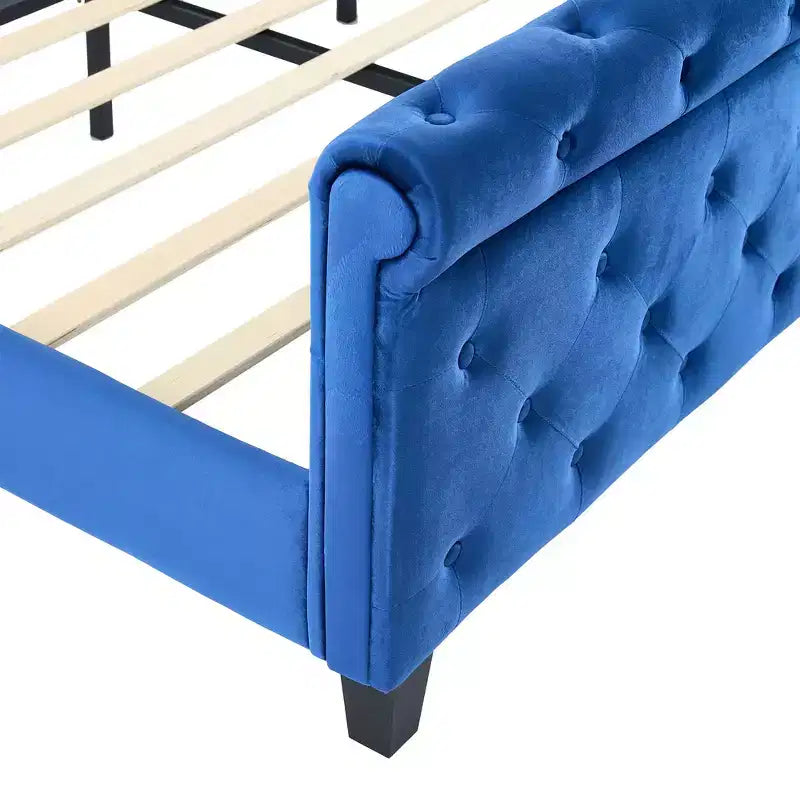 Whisen 43.3 King Sleigh Platform Bed Frame with Wingback Headboard, Scroll Footboard, Button Tufted Velvet, Rust-Resistant Hardware, Easy Assembly