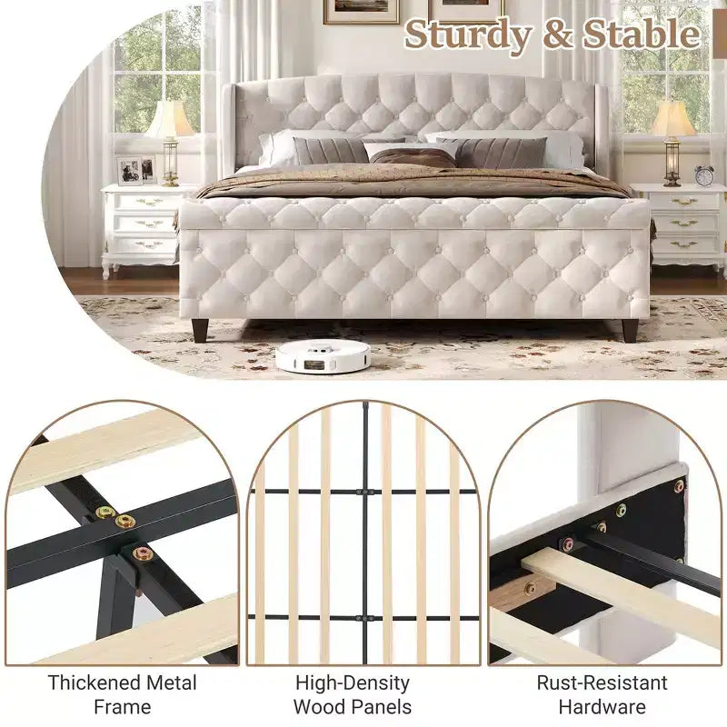Whisen 43.3 King Sleigh Platform Bed Frame with Wingback Headboard, Scroll Footboard, Button Tufted Velvet, Rust-Resistant Hardware, Easy Assembly
