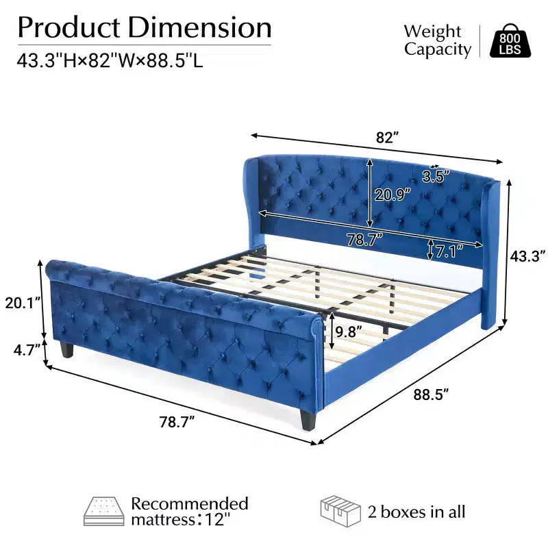 Whisen 43.3 King Sleigh Platform Bed Frame with Wingback Headboard, Scroll Footboard, Button Tufted Velvet, Rust-Resistant Hardware, Easy Assembly