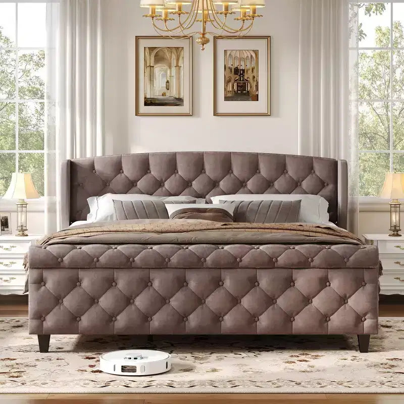 Whisen 43.3 King Sleigh Platform Bed Frame with Wingback Headboard, Scroll Footboard, Button Tufted Velvet, Rust-Resistant Hardware, Easy Assembly