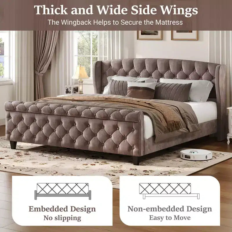 Whisen 43.3 King Sleigh Platform Bed Frame with Wingback Headboard, Scroll Footboard, Button Tufted Velvet, Rust-Resistant Hardware, Easy Assembly