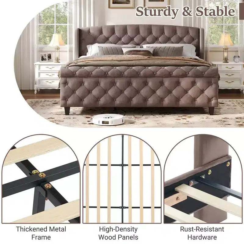 Whisen 43.3 King Sleigh Platform Bed Frame with Wingback Headboard, Scroll Footboard, Button Tufted Velvet, Rust-Resistant Hardware, Easy Assembly