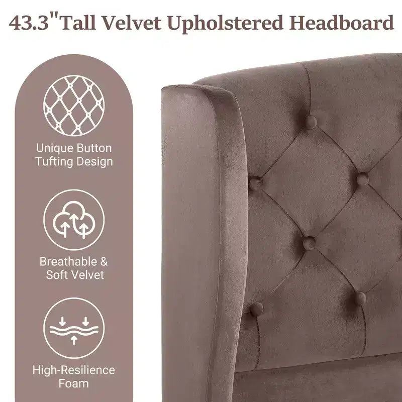 Whisen 43.3 King Sleigh Platform Bed Frame with Wingback Headboard, Scroll Footboard, Button Tufted Velvet, Rust-Resistant Hardware, Easy Assembly