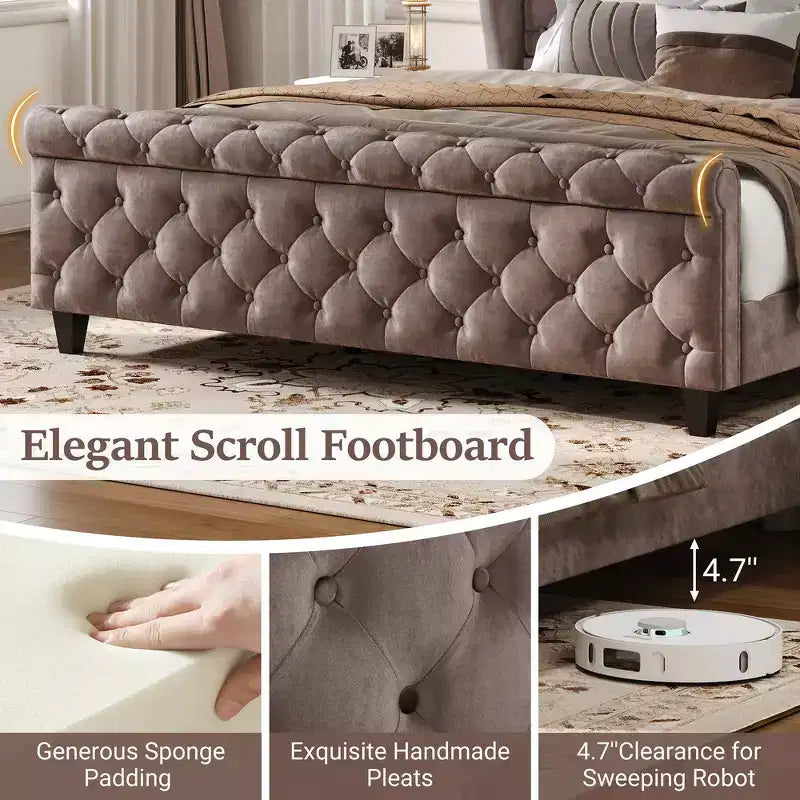 Whisen 43.3 King Sleigh Platform Bed Frame with Wingback Headboard, Scroll Footboard, Button Tufted Velvet, Rust-Resistant Hardware, Easy Assembly