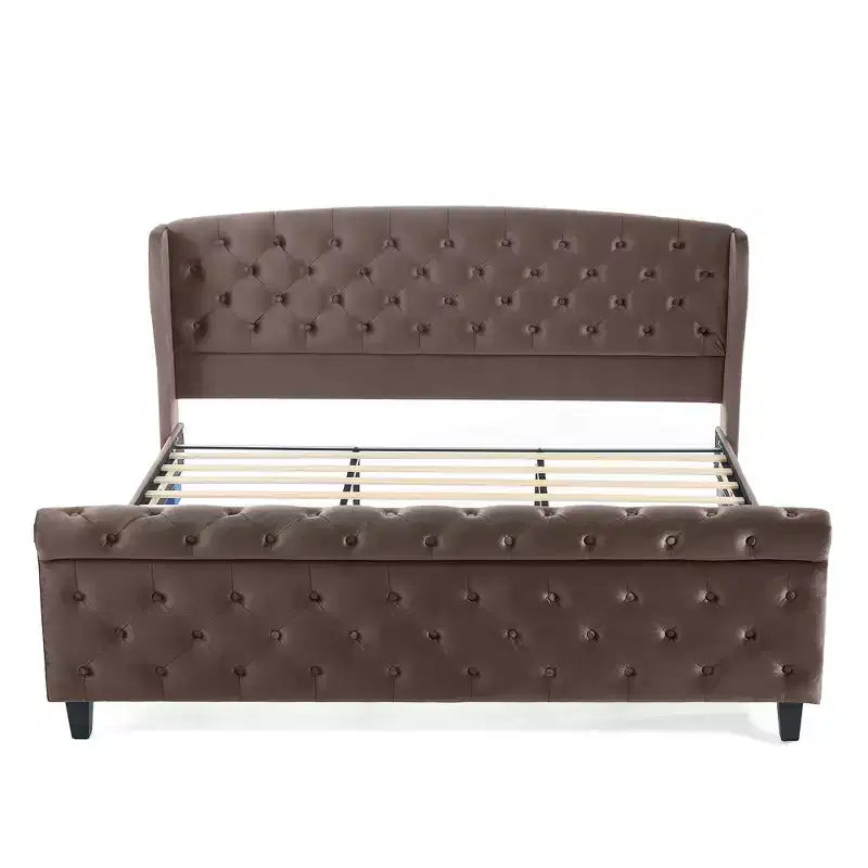 Whisen 43.3 King Sleigh Platform Bed Frame with Wingback Headboard, Scroll Footboard, Button Tufted Velvet, Rust-Resistant Hardware, Easy Assembly
