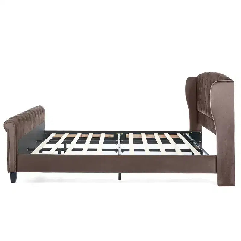 Whisen 43.3 King Sleigh Platform Bed Frame with Wingback Headboard, Scroll Footboard, Button Tufted Velvet, Rust-Resistant Hardware, Easy Assembly