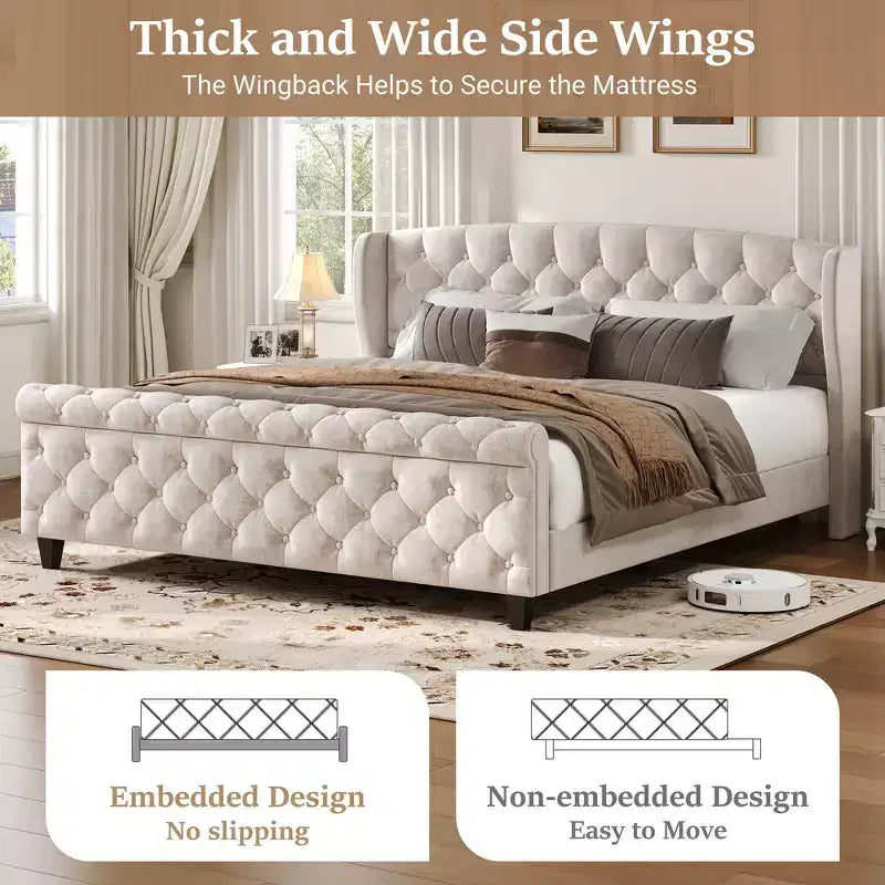 Whisen 43.3 King Sleigh Platform Bed Frame with Wingback Headboard, Scroll Footboard, Button Tufted Velvet, Rust-Resistant Hardware, Easy Assembly