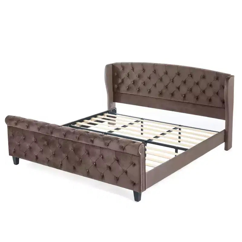 Whisen 43.3 King Sleigh Platform Bed Frame with Wingback Headboard, Scroll Footboard, Button Tufted Velvet, Rust-Resistant Hardware, Easy Assembly