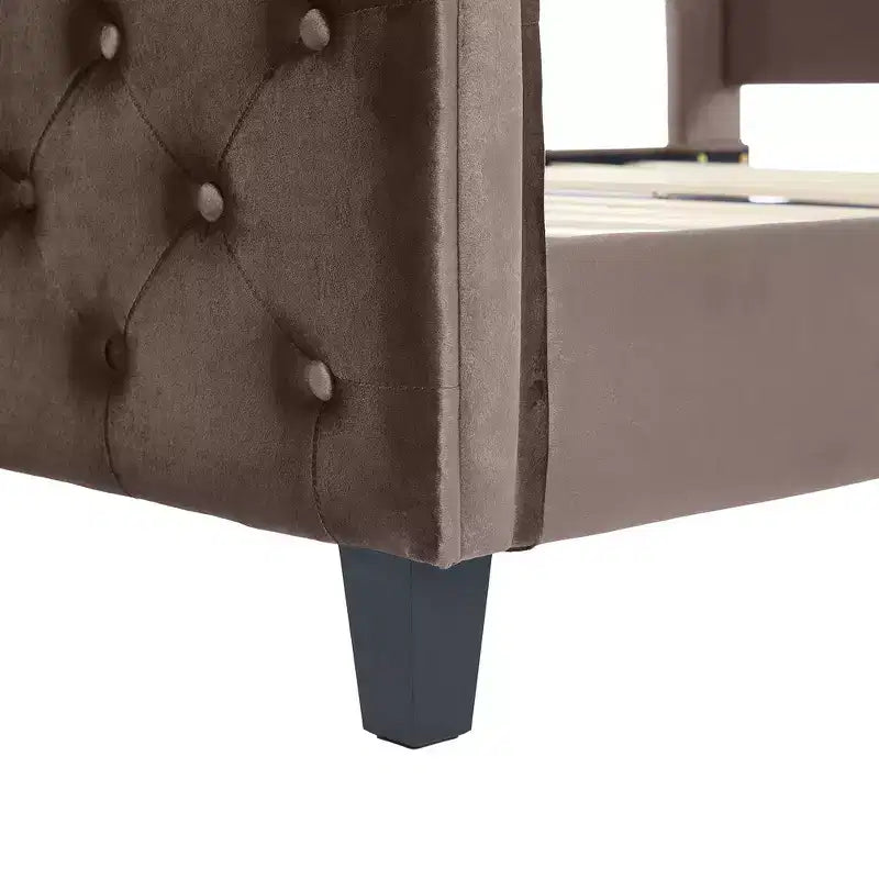 Whisen 43.3 King Sleigh Platform Bed Frame with Wingback Headboard, Scroll Footboard, Button Tufted Velvet, Rust-Resistant Hardware, Easy Assembly