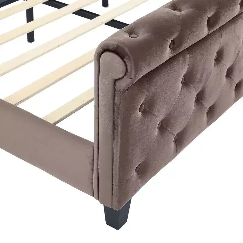 Whisen 43.3 King Sleigh Platform Bed Frame with Wingback Headboard, Scroll Footboard, Button Tufted Velvet, Rust-Resistant Hardware, Easy Assembly