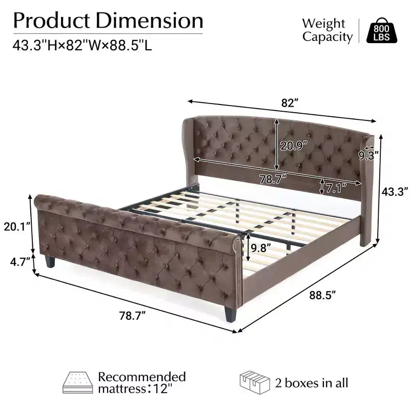 Whisen 43.3 King Sleigh Platform Bed Frame with Wingback Headboard, Scroll Footboard, Button Tufted Velvet, Rust-Resistant Hardware, Easy Assembly