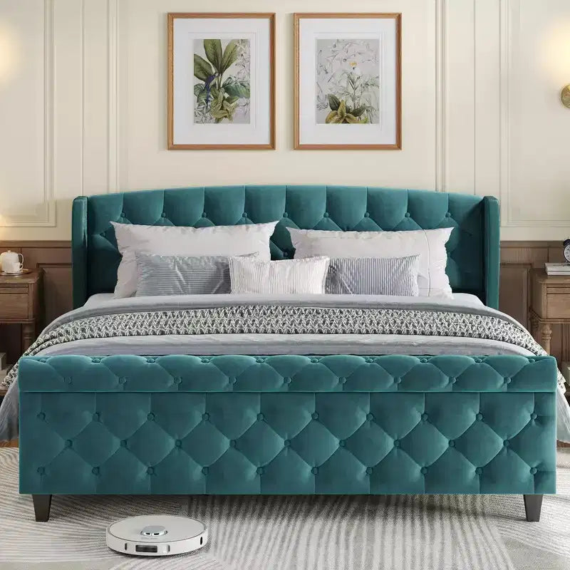 Whisen 43.3 King Sleigh Platform Bed Frame with Wingback Headboard, Scroll Footboard, Button Tufted Velvet, Rust-Resistant Hardware, Easy Assembly