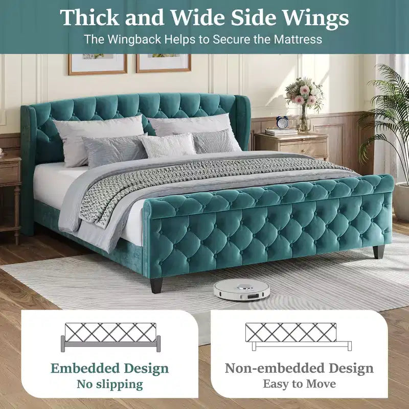 Whisen 43.3 King Sleigh Platform Bed Frame with Wingback Headboard, Scroll Footboard, Button Tufted Velvet, Rust-Resistant Hardware, Easy Assembly