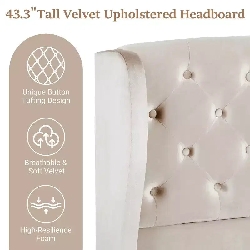 Whisen 43.3 King Sleigh Platform Bed Frame with Wingback Headboard, Scroll Footboard, Button Tufted Velvet, Rust-Resistant Hardware, Easy Assembly