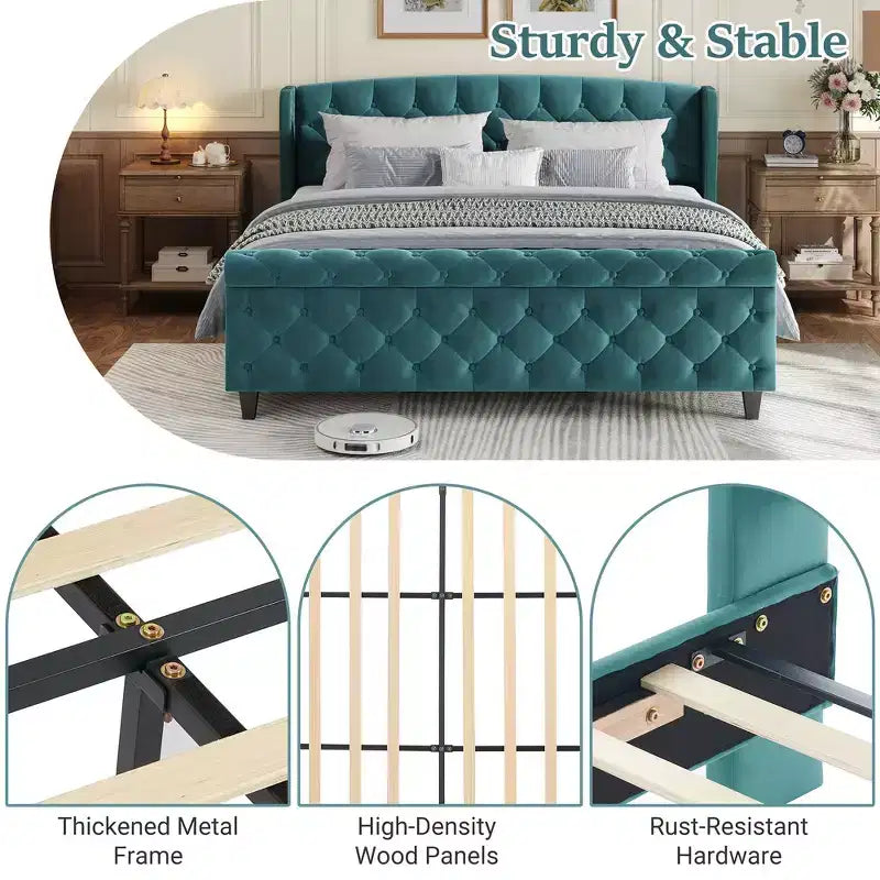 Whisen 43.3 King Sleigh Platform Bed Frame with Wingback Headboard, Scroll Footboard, Button Tufted Velvet, Rust-Resistant Hardware, Easy Assembly