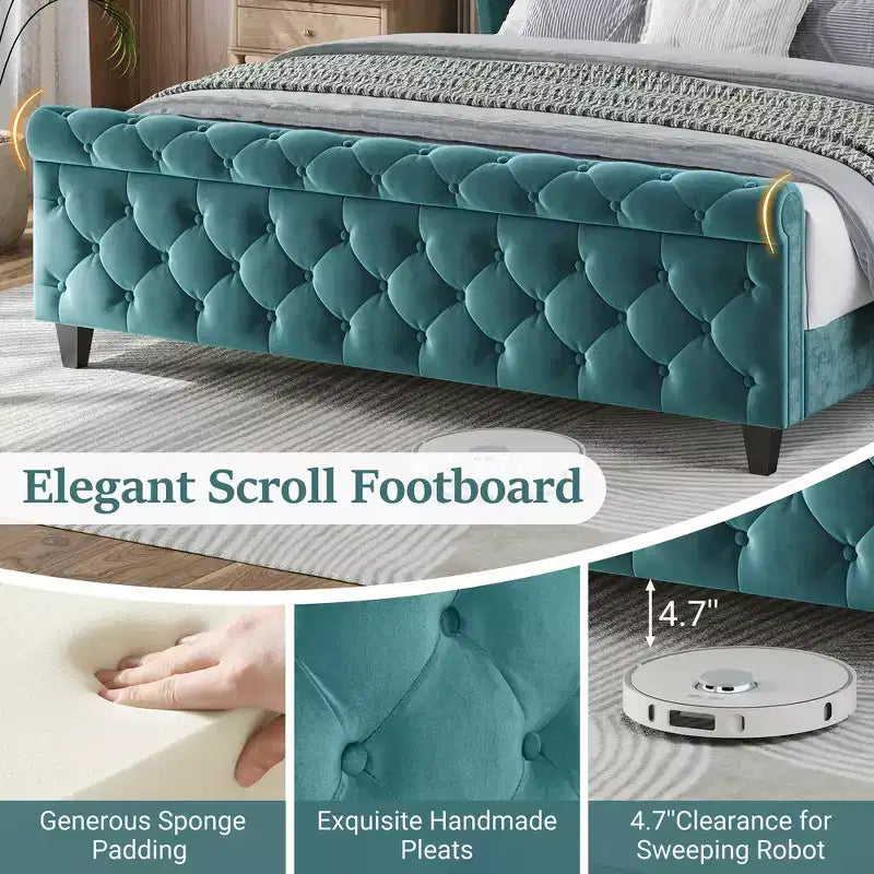Whisen 43.3 King Sleigh Platform Bed Frame with Wingback Headboard, Scroll Footboard, Button Tufted Velvet, Rust-Resistant Hardware, Easy Assembly