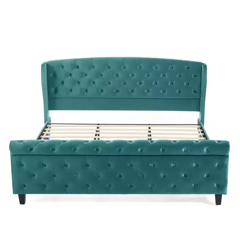 Whisen 43.3 King Sleigh Platform Bed Frame with Wingback Headboard, Scroll Footboard, Button Tufted Velvet, Rust-Resistant Hardware, Easy Assembly