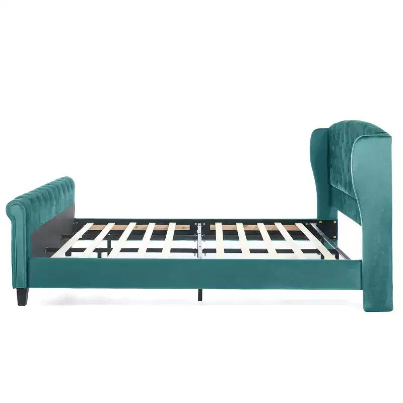 Whisen 43.3 King Sleigh Platform Bed Frame with Wingback Headboard, Scroll Footboard, Button Tufted Velvet, Rust-Resistant Hardware, Easy Assembly