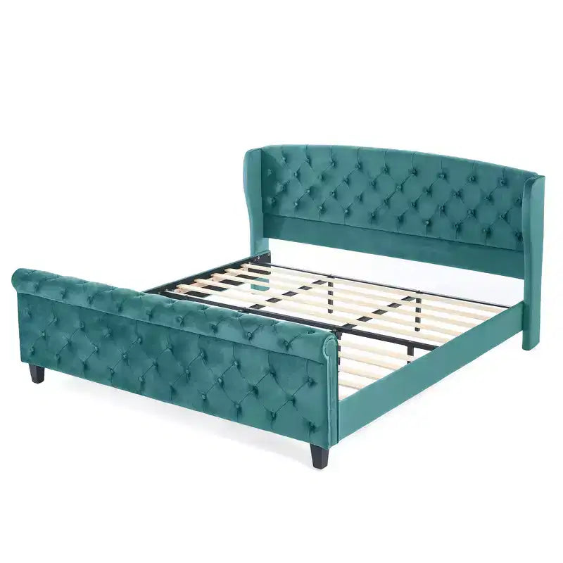 Whisen 43.3 King Sleigh Platform Bed Frame with Wingback Headboard, Scroll Footboard, Button Tufted Velvet, Rust-Resistant Hardware, Easy Assembly