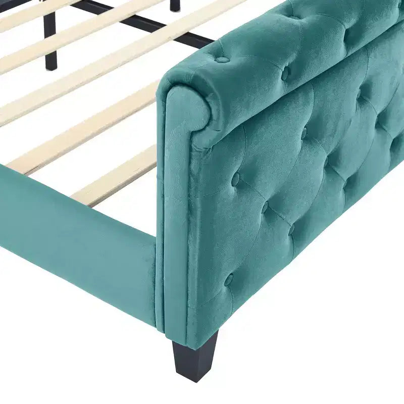 Whisen 43.3 King Sleigh Platform Bed Frame with Wingback Headboard, Scroll Footboard, Button Tufted Velvet, Rust-Resistant Hardware, Easy Assembly