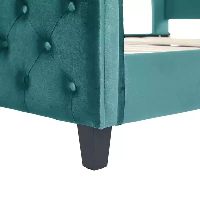Whisen 43.3 King Sleigh Platform Bed Frame with Wingback Headboard, Scroll Footboard, Button Tufted Velvet, Rust-Resistant Hardware, Easy Assembly