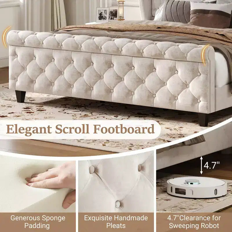 Whisen 43.3 King Sleigh Platform Bed Frame with Wingback Headboard, Scroll Footboard, Button Tufted Velvet, Rust-Resistant Hardware, Easy Assembly