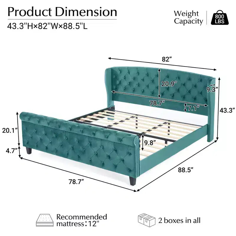 Whisen 43.3 King Sleigh Platform Bed Frame with Wingback Headboard, Scroll Footboard, Button Tufted Velvet, Rust-Resistant Hardware, Easy Assembly
