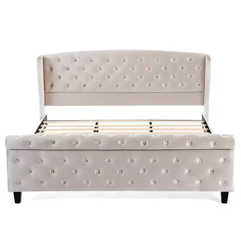 Whisen 43.3 King Sleigh Platform Bed Frame with Wingback Headboard, Scroll Footboard, Button Tufted Velvet, Rust-Resistant Hardware, Easy Assembly