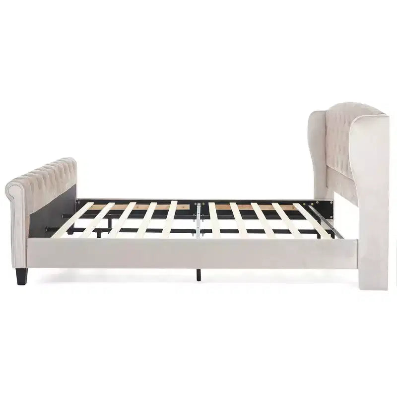 Whisen 43.3 King Sleigh Platform Bed Frame with Wingback Headboard, Scroll Footboard, Button Tufted Velvet, Rust-Resistant Hardware, Easy Assembly