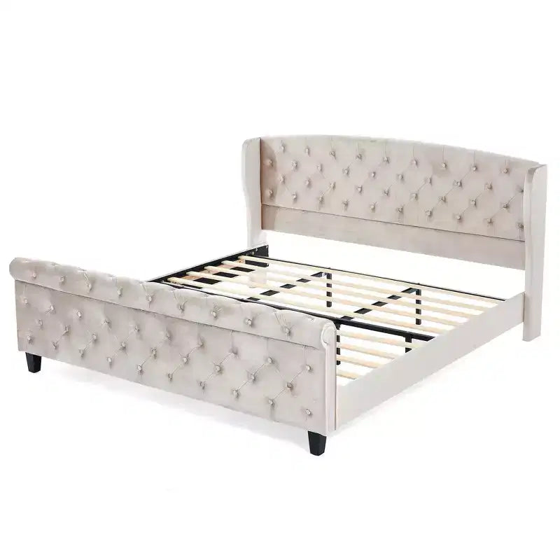 Whisen 43.3 King Sleigh Platform Bed Frame with Wingback Headboard, Scroll Footboard, Button Tufted Velvet, Rust-Resistant Hardware, Easy Assembly