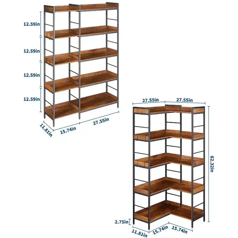 COZONY 65 Bibliothèque industrielle à 5 niveaux avec 4 crochets, étagère d'angle réversible en bois avec cadre métallique, étagères ouvertes pour salon, chambre, bureau