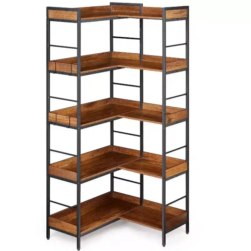 COZONY 65 Bibliothèque industrielle à 5 niveaux avec 4 crochets, étagère d'angle réversible en bois avec cadre métallique, étagères ouvertes pour salon, chambre, bureau