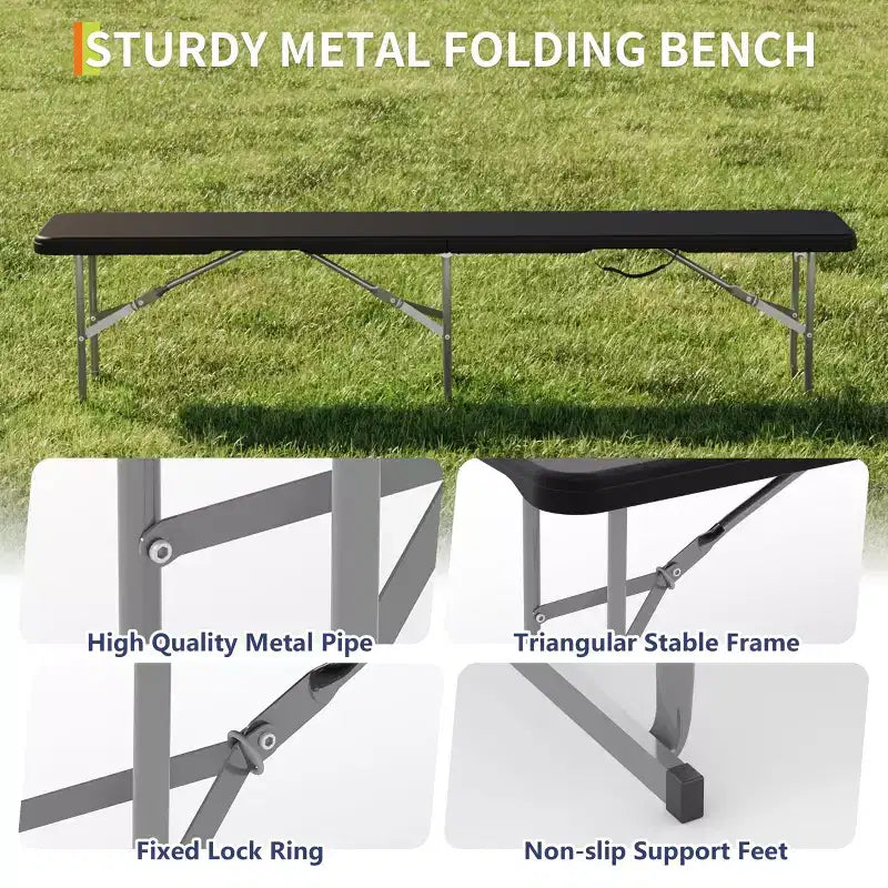 6 FT Folding Bench, Plastic Portable Folding Bench Seat, Collapsible HDPE Seating with Carry Handle, for Picnic, Camping, Garden