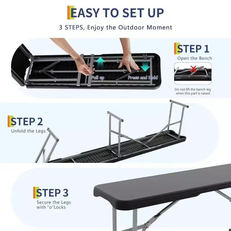 6 FT Folding Bench, Plastic Portable Folding Bench Seat, Collapsible HDPE Seating with Carry Handle, for Picnic, Camping, Garden