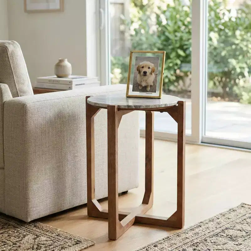Classic Round End and Side Table for Small Spaces - Marble Top and Metal Base for Living Room, Bedroom and Home Decor - 22, Ivory & Gray