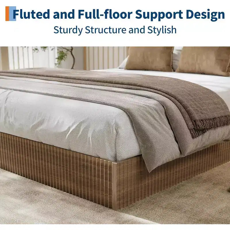 Wooden Platform Bed Frame with Fluted Design, Integrated Storage Box, No Box Spring Needed, Noise Free