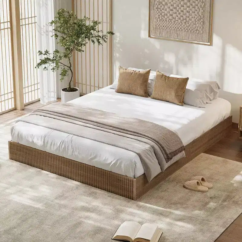 Wooden Platform Bed Frame with Fluted Design, Integrated Storage Box, No Box Spring Needed, Noise Free