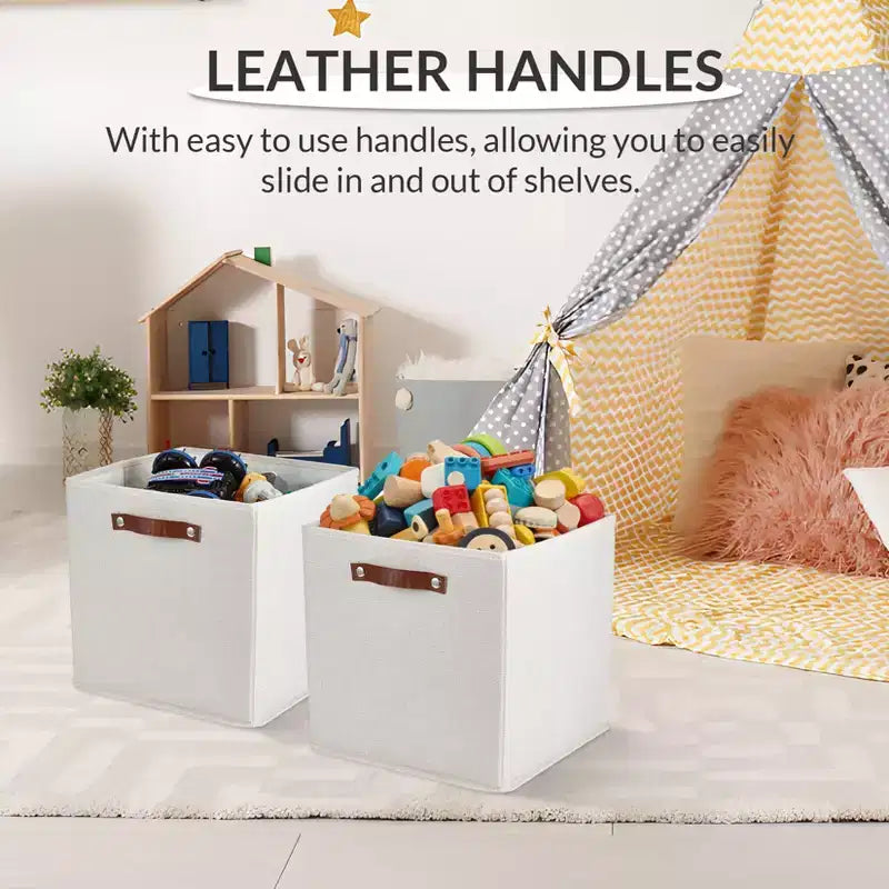 6-Pack 1313 Inch Linen Fabric Storage Cube Bins with Leather Handles for Closet Shelves