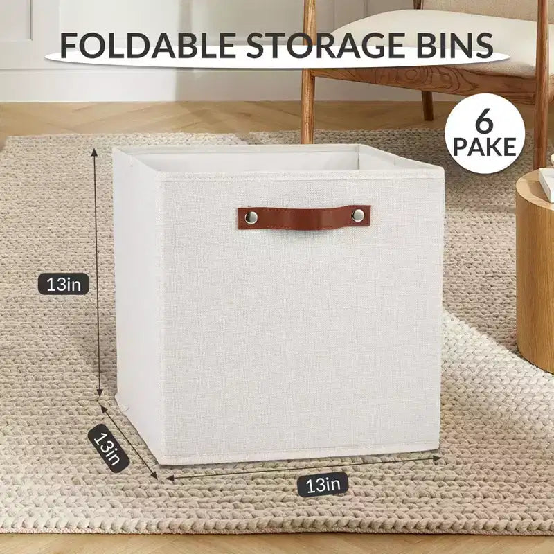 6-Pack 1313 Inch Linen Fabric Storage Cube Bins with Leather Handles for Closet Shelves