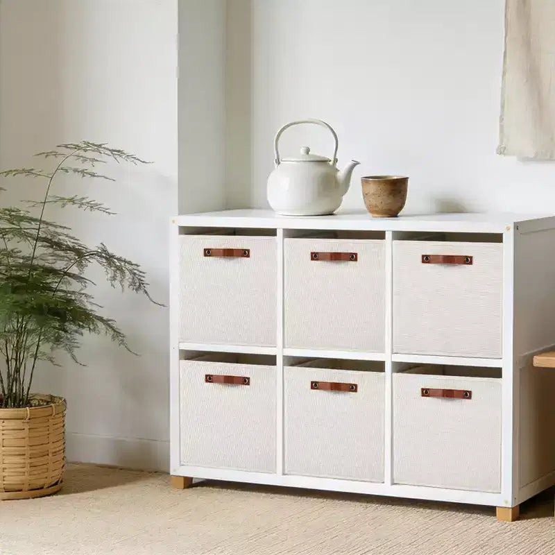 6-Pack 1313 Inch Linen Fabric Storage Cube Bins with Leather Handles for Closet Shelves