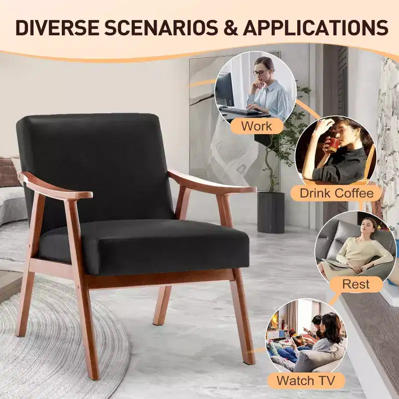 Mid-Century Accent Chair, Solid Wood Lounge Chair with Extra-Thick Backrest, Wingback Chairs