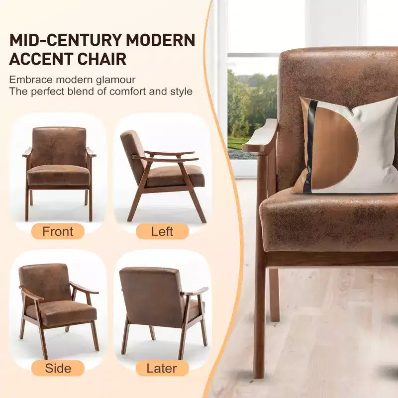 Mid-Century Accent Chair, Solid Wood Lounge Chair with Extra-Thick Backrest, Wingback Chairs