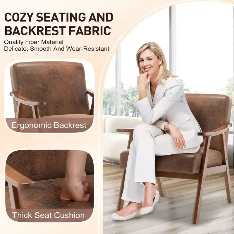 Mid-Century Accent Chair, Solid Wood Lounge Chair with Extra-Thick Backrest, Wingback Chairs