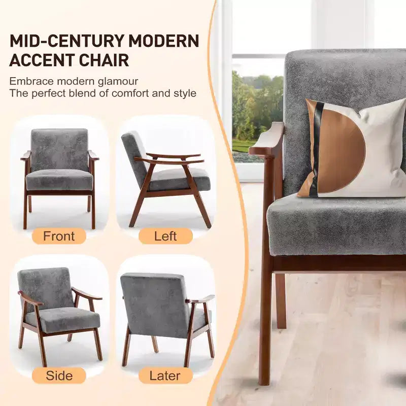 Mid-Century Accent Chair, Solid Wood Lounge Chair with Extra-Thick Backrest, Wingback Chairs