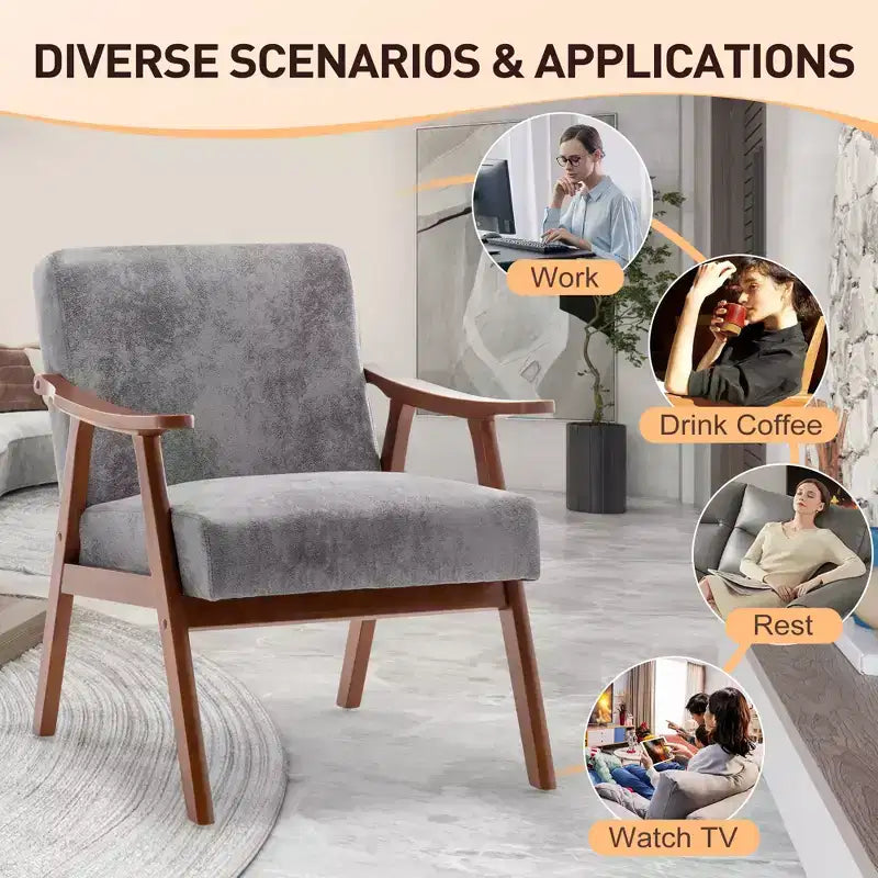 Mid-Century Accent Chair, Solid Wood Lounge Chair with Extra-Thick Backrest, Wingback Chairs